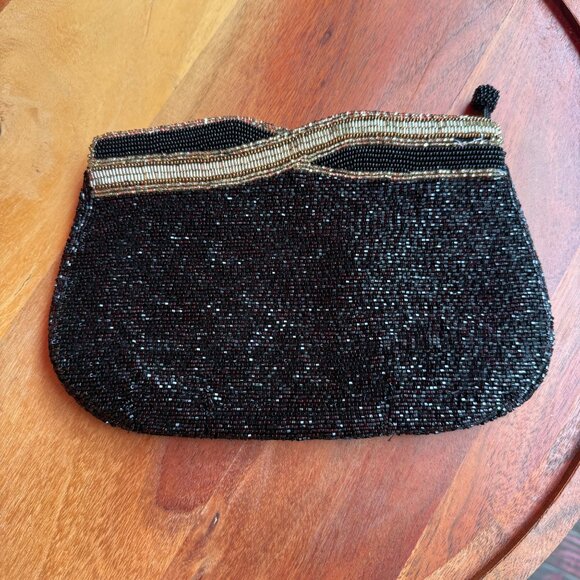 Handbags - Vintage Black Beaded Evening Clutch With Metallic Accents